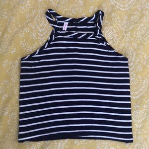 Blue Striped High Neckline Crop Top